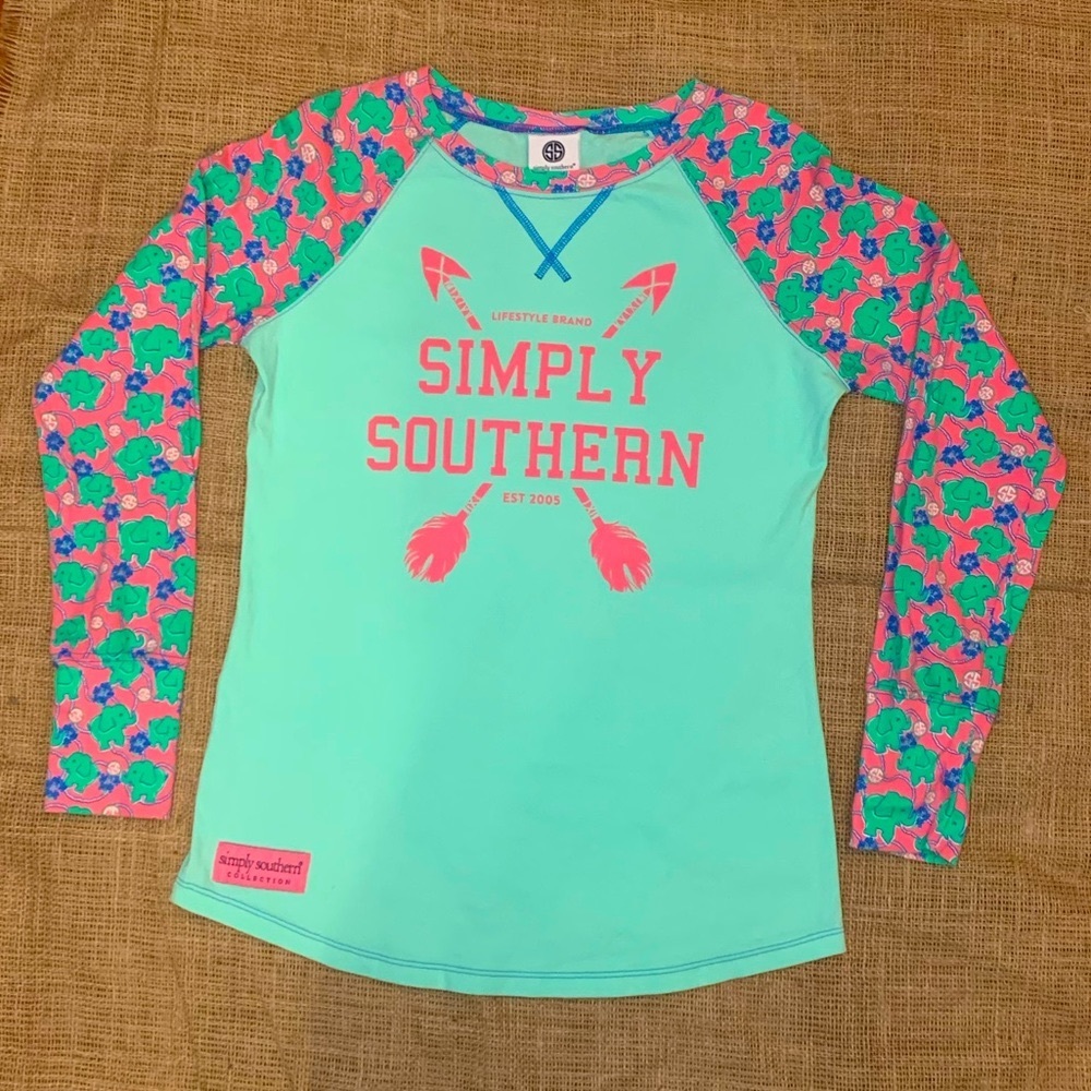 Simply Southern Long sleeve, Elephant, Mint & Pink Tee, size: M